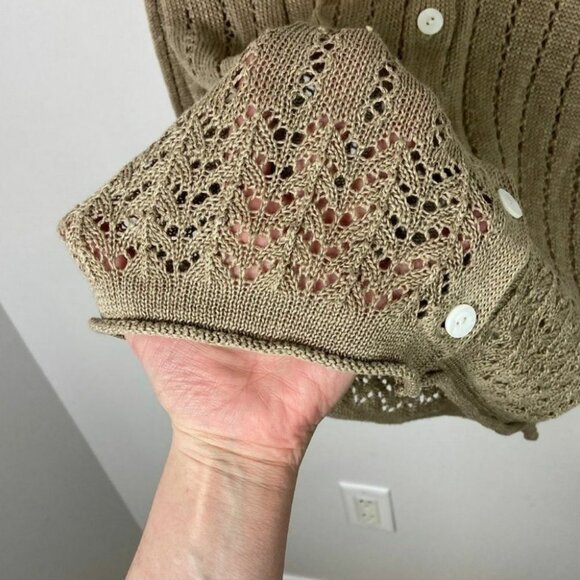 Vintage CDG 100% Linen Tan Knit Cardigan Sweater Cutout Lightweight Hong Kong L - Picture 9 of 13